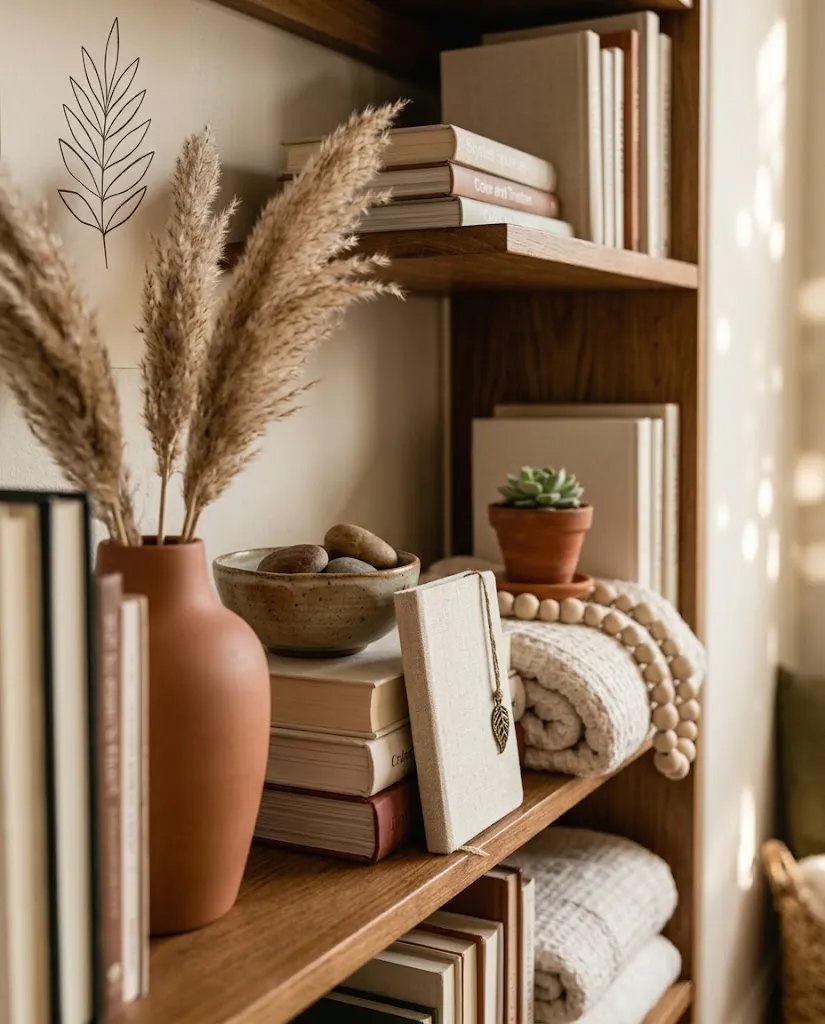 Budget-friendly home decor styling with books, plants, and warm lighting