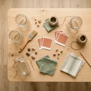 Budget-friendly DIY decor supplies including mason jars, twine, and paint