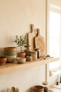 Styled open shelving with ceramic bowls, plants, and wooden accents