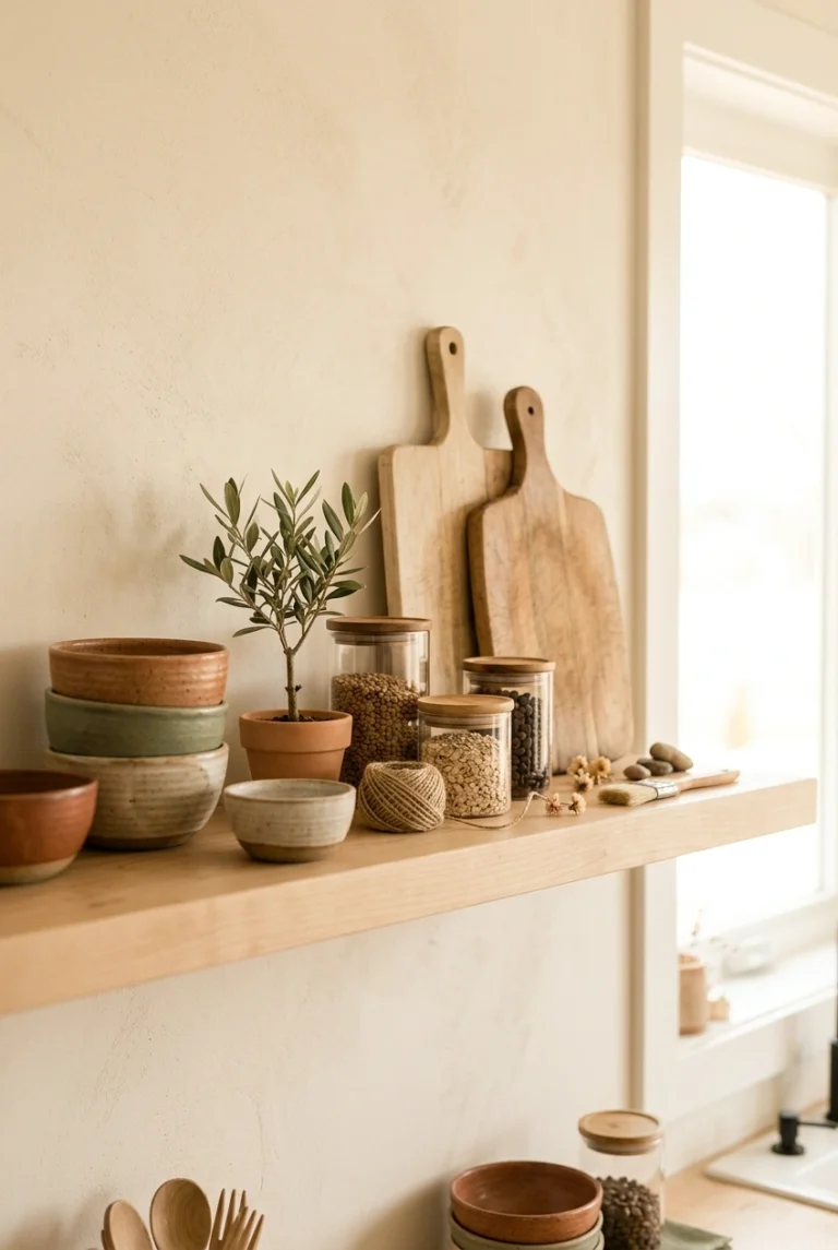 Styled open shelving with ceramic bowls, plants, and wooden accents