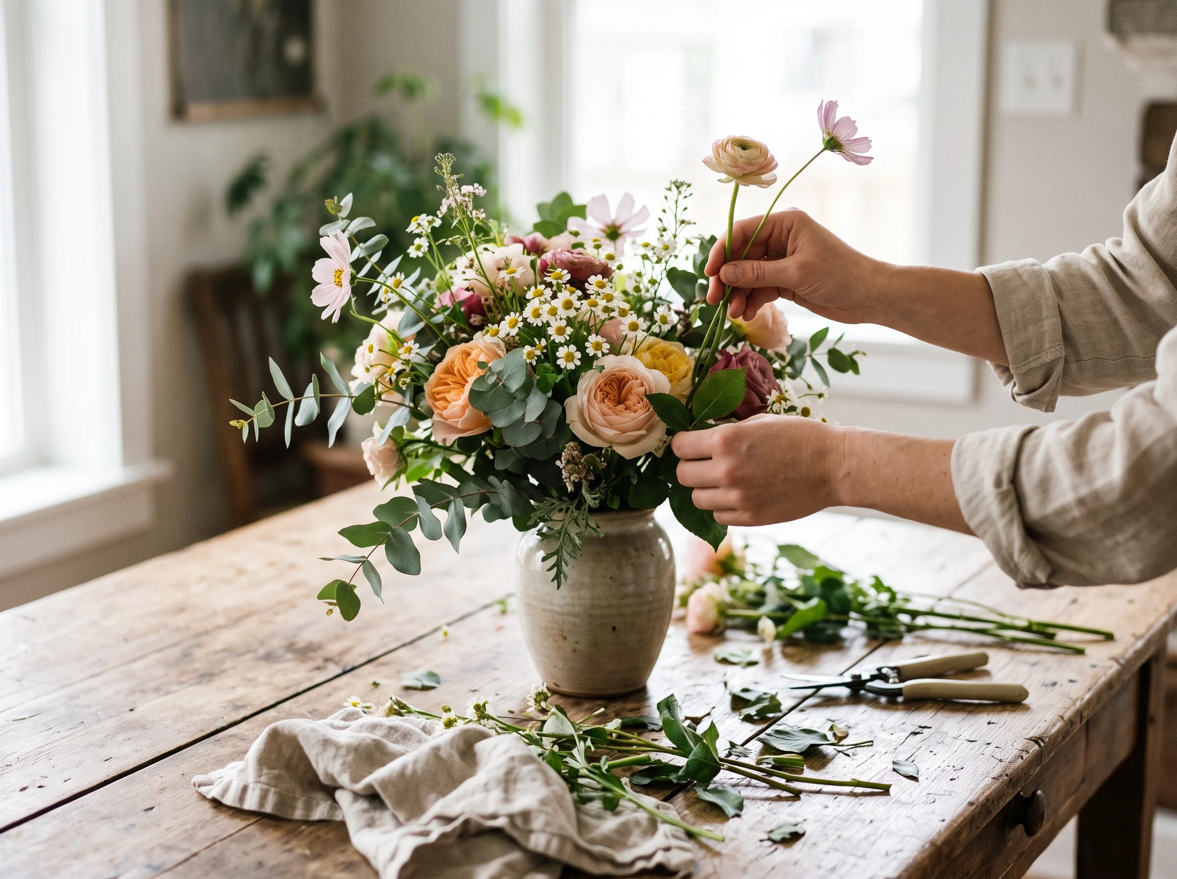 Hands arranging a vase of flowers on a wooden table