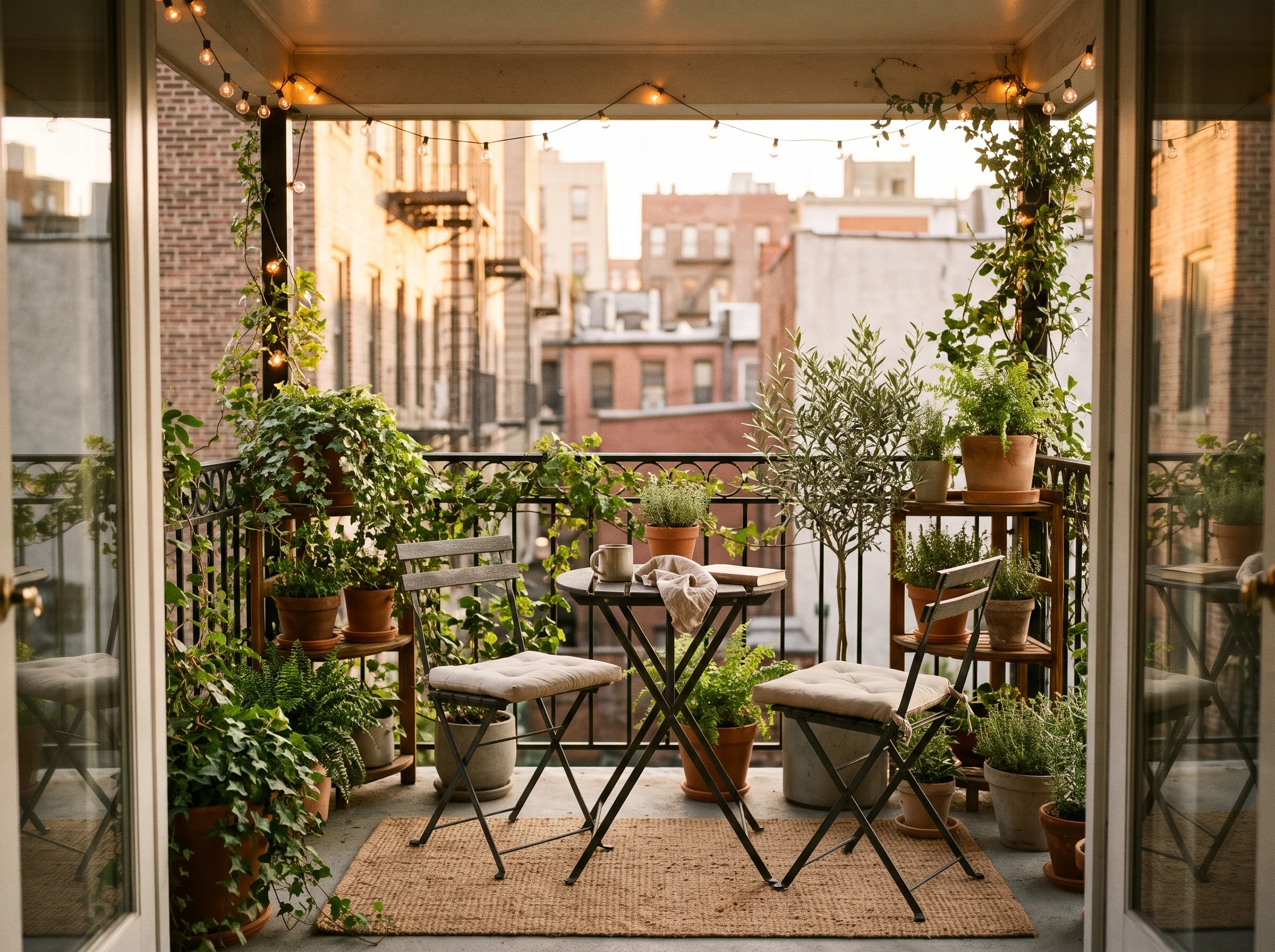 Small balcony with plants and seating