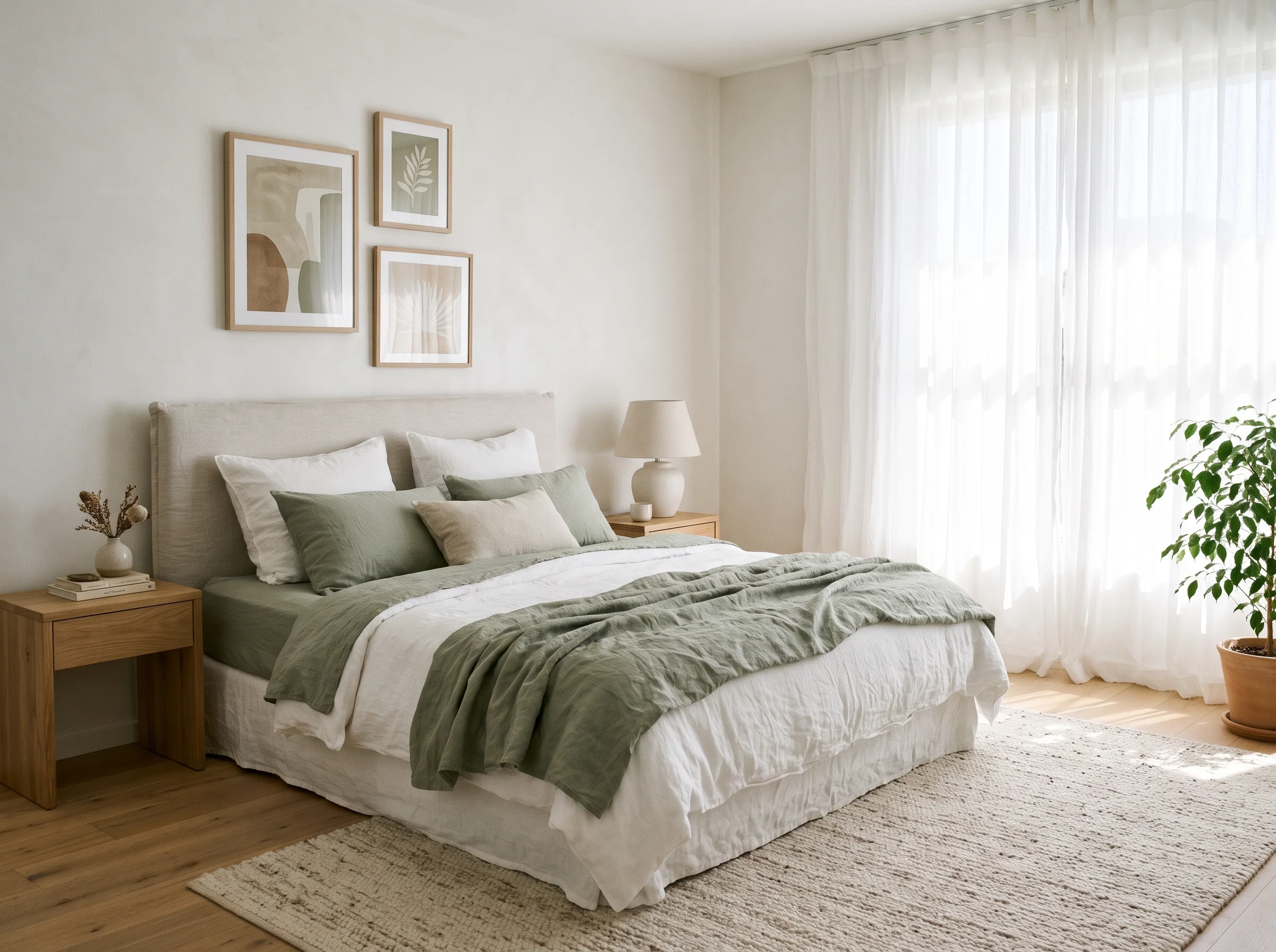 Calm bedroom with layered bedding and soft lamps