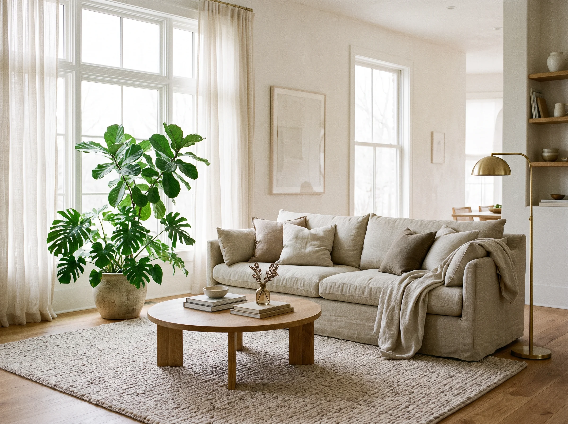 Bright living room with a linen sofa, brass lamp and green plants