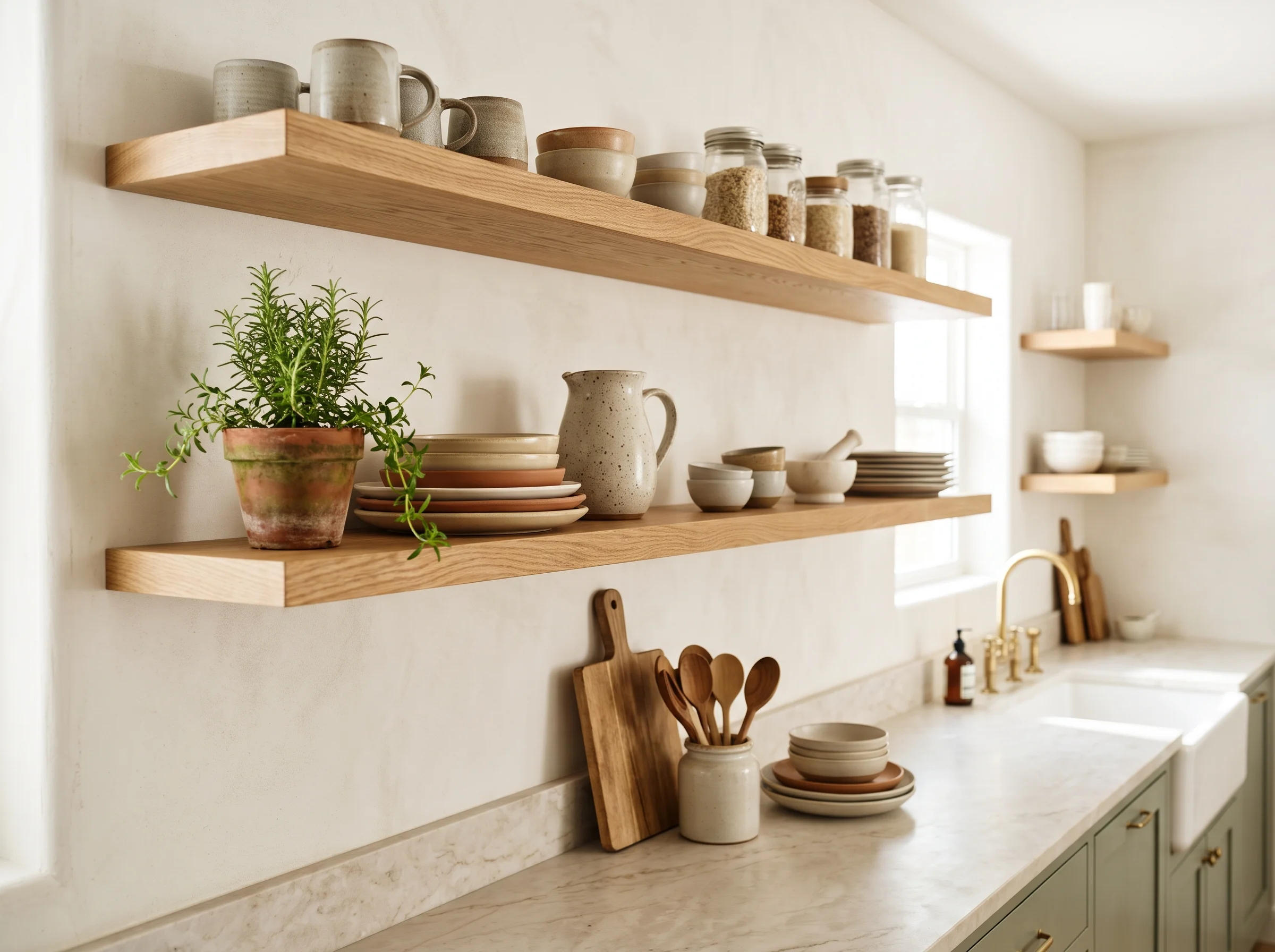 Modern kitchen with open wooden shelves