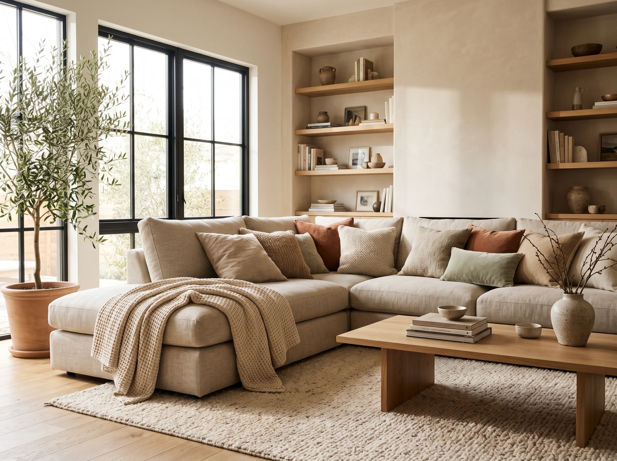 Cozy living room with layered cushions and a throw